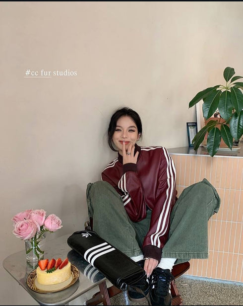 Stripes Crop PU Leather Jacket